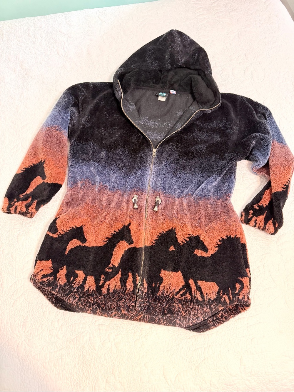Vintage Mazmania 90s Fleece Long Jacket Wild Horses USA Sunset Rancher Large